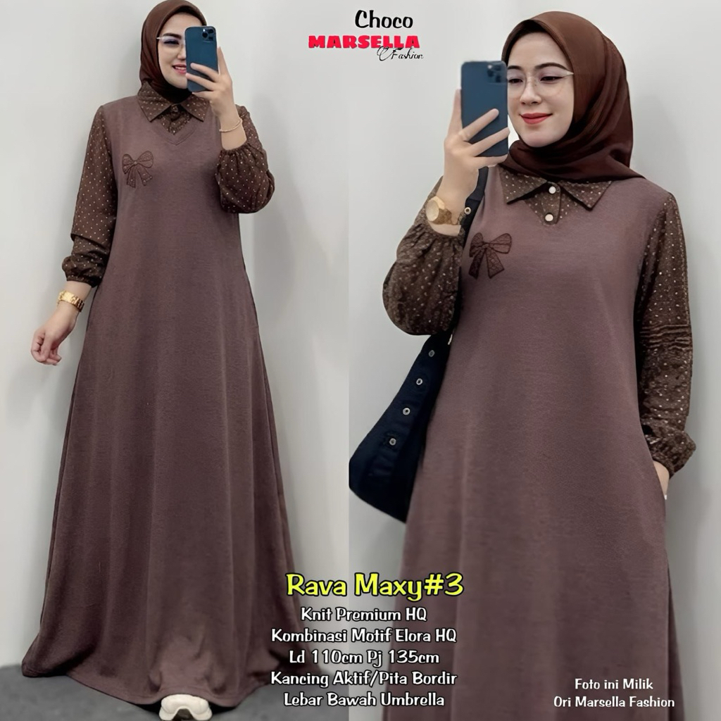 Elvina Maxy Dress Gamis Polos Kombinasi Bunga Tebal Premium