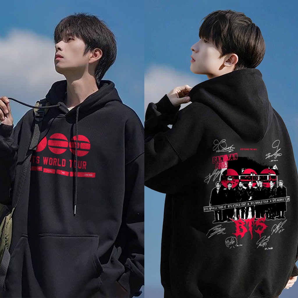 PUERTO Atasan Kekinian Baju Hoodie Pria Mode Oversize Retro Style Tren Merchandise BTS Print Sweater