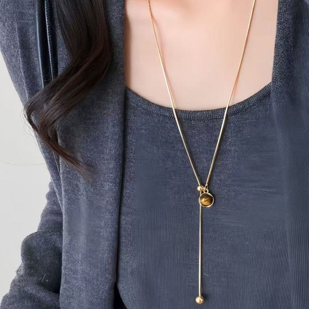 July Perhiasan- Kalung Panjang Liontin Batu Tiger Eye COD
