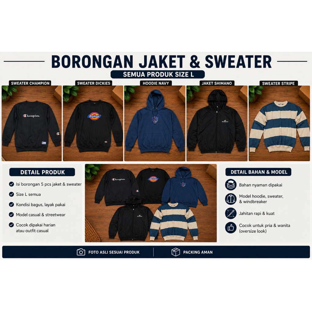 Borongan Jacket Hoodie Sweater Pria Size L | Champion Dickies Hoodie Shimano