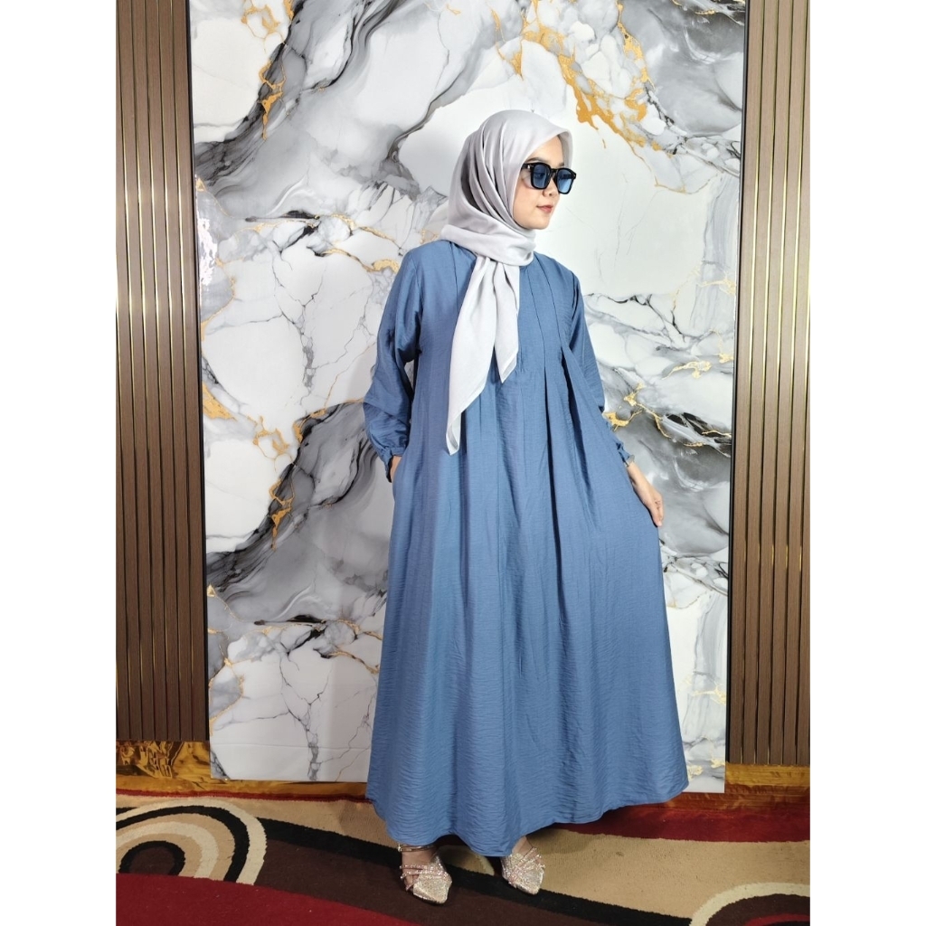 gamis wanita bahan linen premium motif polos warna biru denim