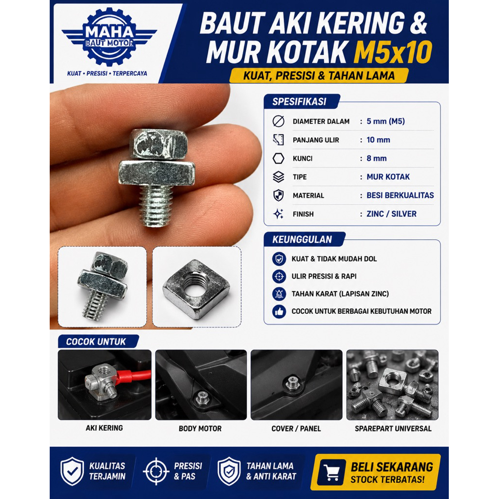 BAUT AKI KERING DAN MUR KOTAK M5x10 || SET BAUT AKU KERING DAN MUR KOTAK M5x10