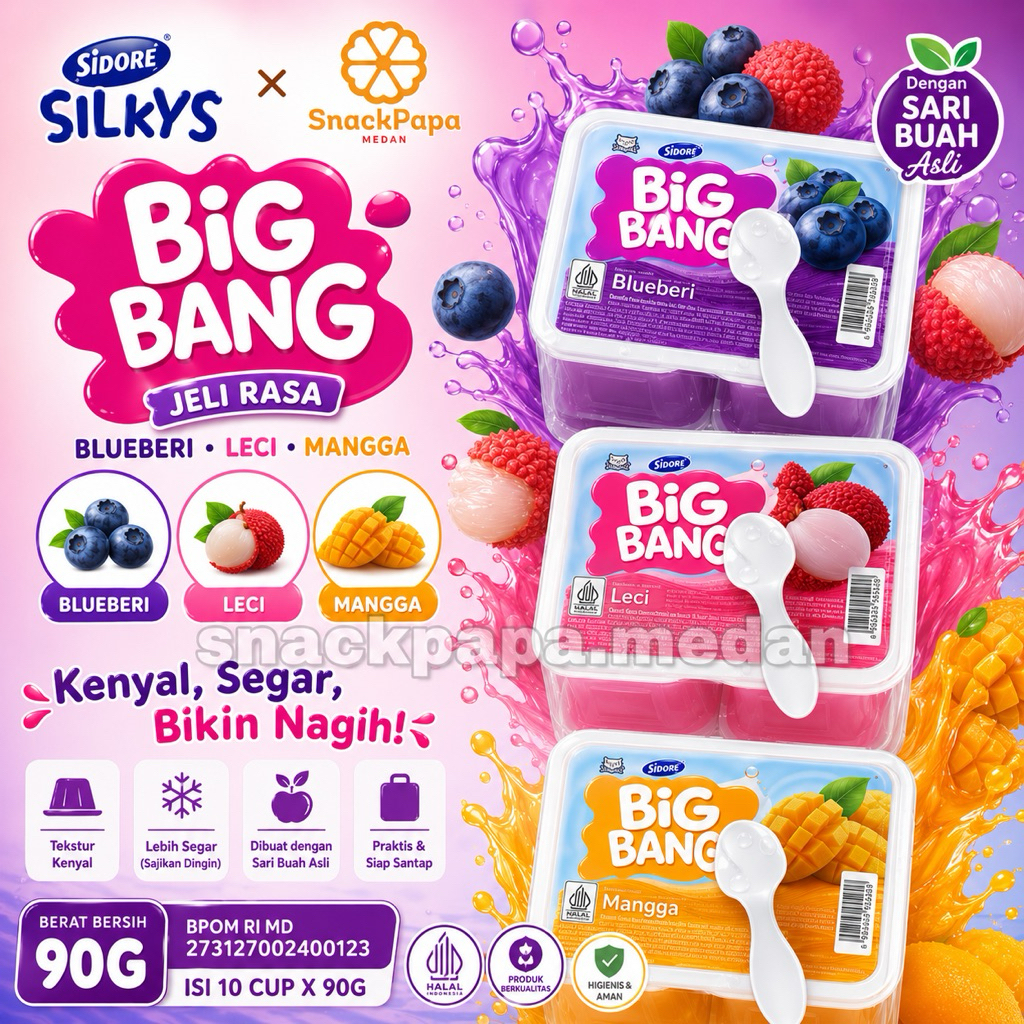 SIDORE SILKYS BIG BANG JELI RASA BLUEBERI LECI MANGGA [1 PACK ISI 10 CUP @90G] | SIDORE SILKY BIG BA