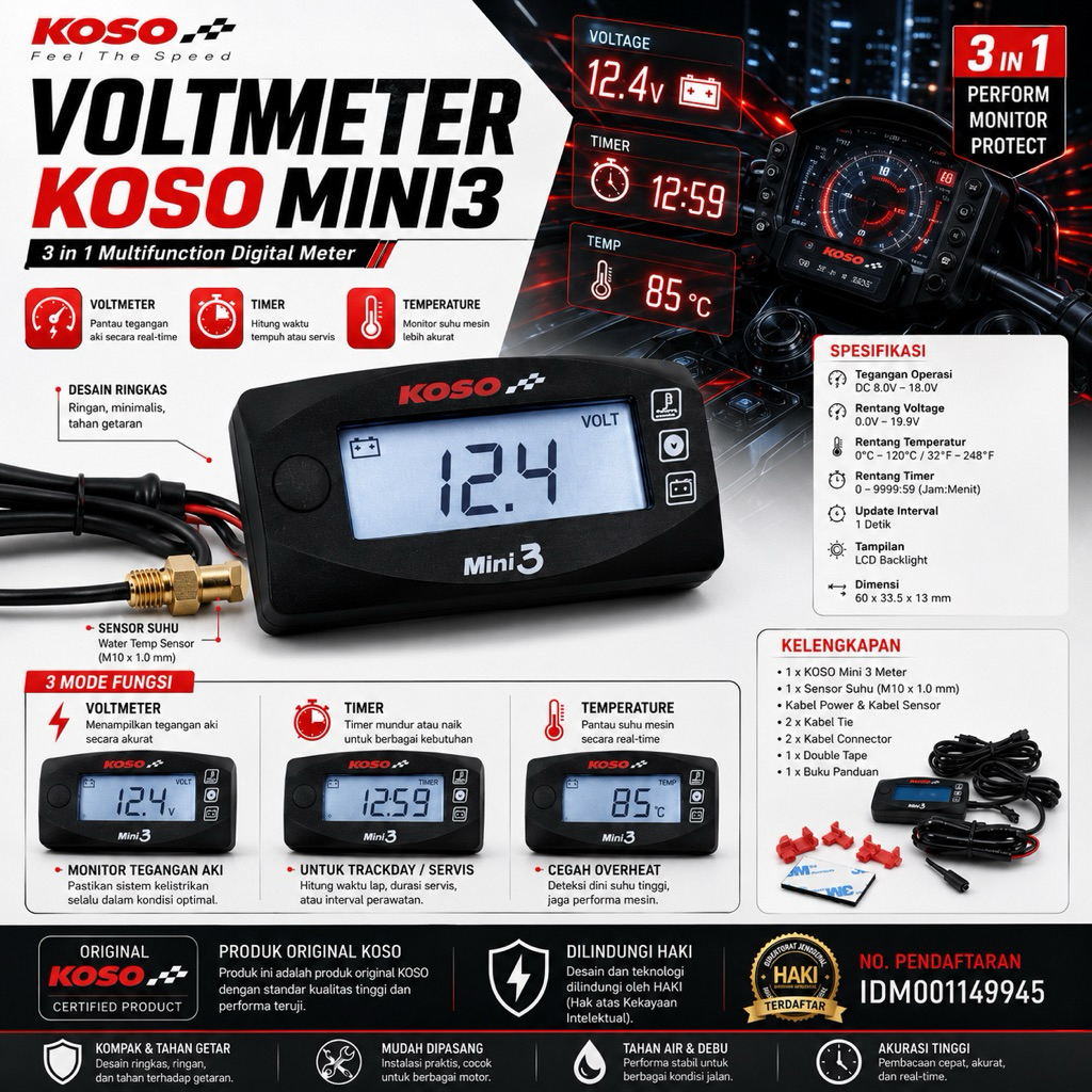 ORIGINAL LCD KOSO VOLTMETER TIME TEMPERATUR 3in1 MINI3 VOLTMETER KOSO MINI 3