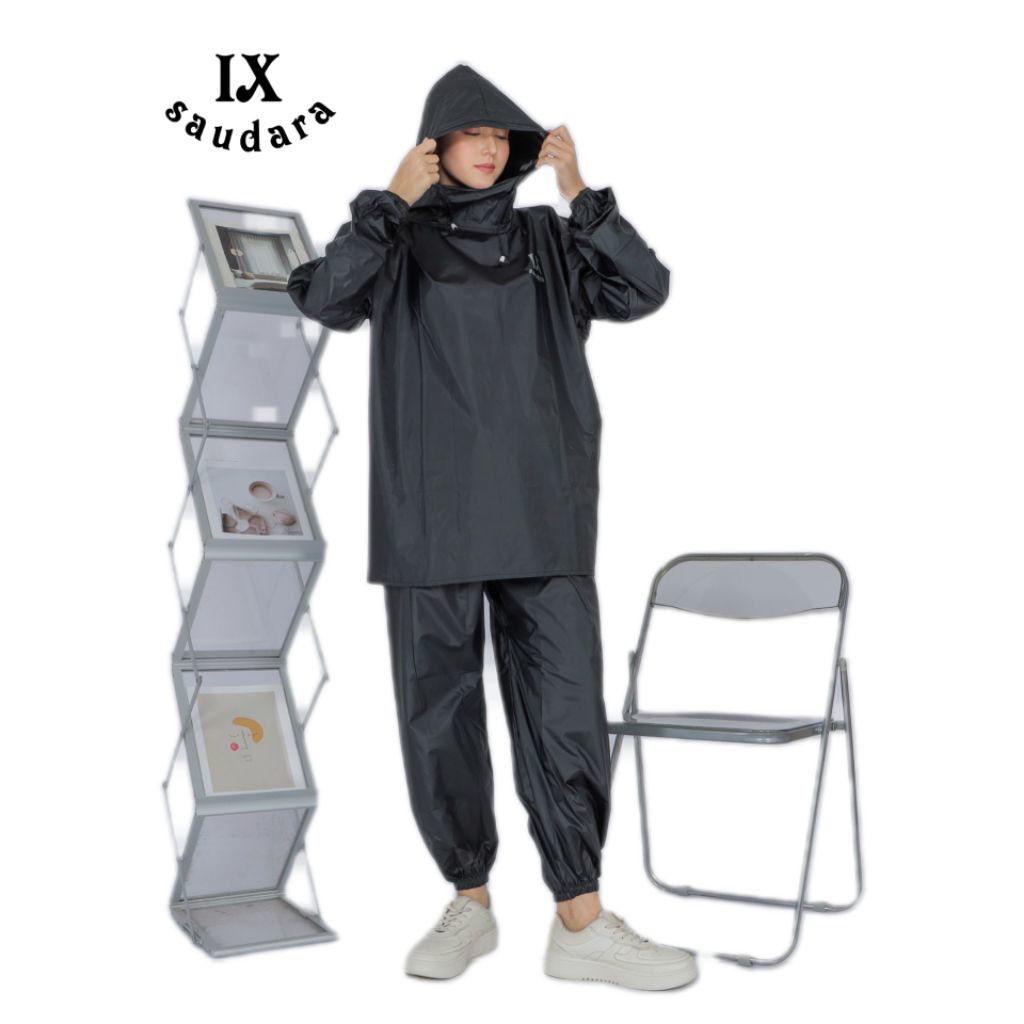 Jas hujan setelan hoodie joger pria wanita dewasa, bahan pvc tebal elastis.