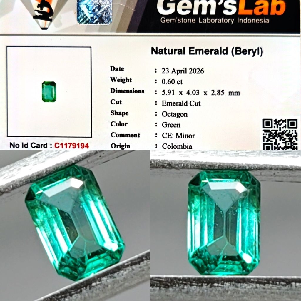 HQ ITEM Natural Emerald Colombia Minor Zamrud Colombia 0.60ct GLI Top Crystall Full Luster Gemericik