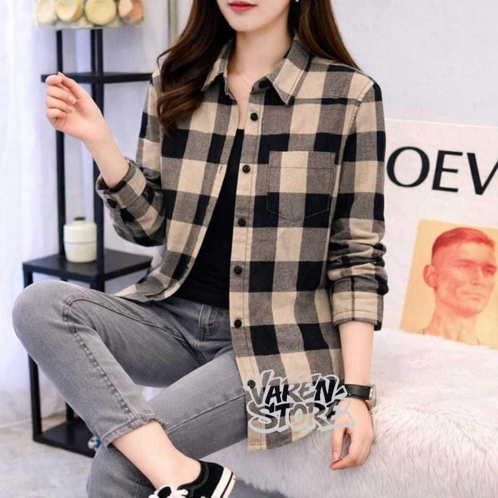 KEMEJA FLANNEL CEWEK LENGAN PANJANG KEMEJA WANITA KOTAK GARIS CASUAL