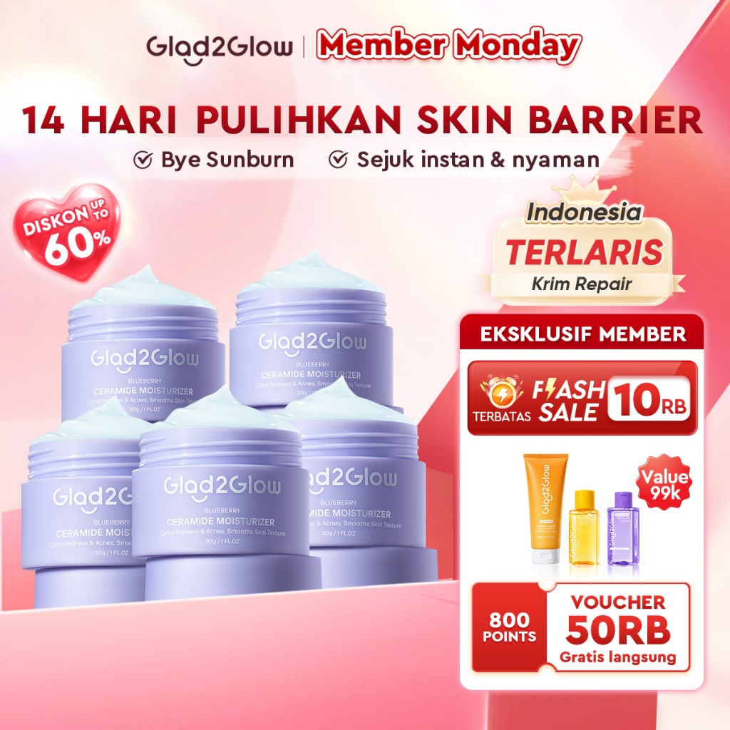 Glad2Glow Blueberry 5% Ceramide Moisturizer Repair Barrier Pulihkan skincare day cream Night Cream  