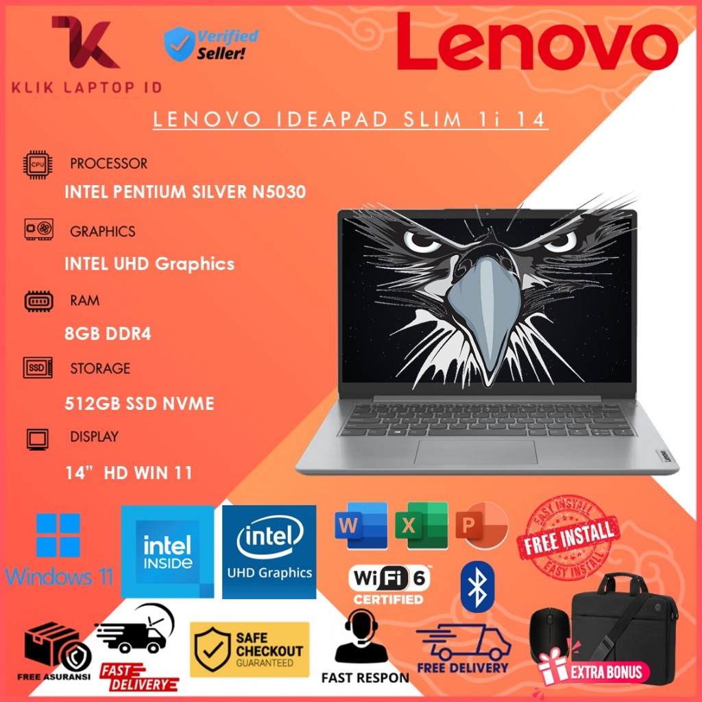 Laptop Murah Lenovo Ideapad Slim 1 14 Intel pentium N5030 14" HD win11 home
