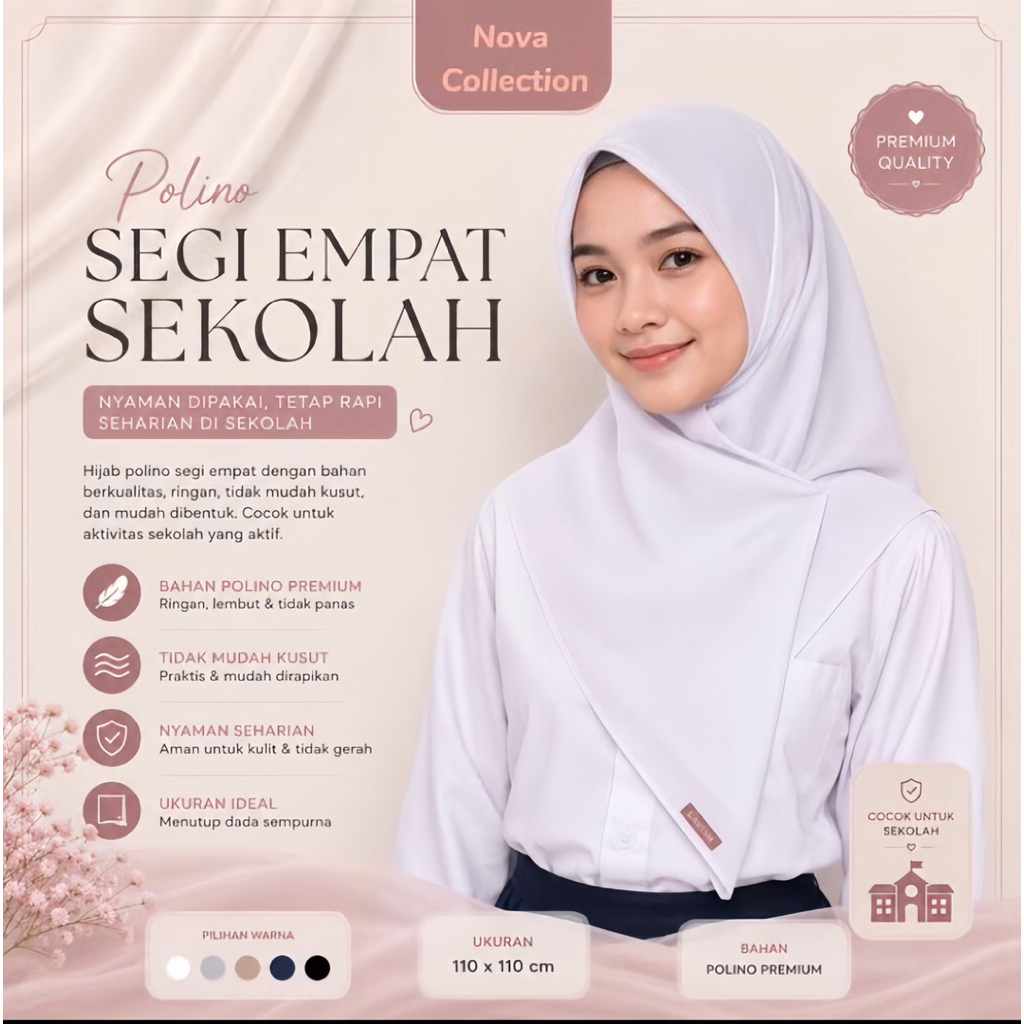 Kerudung Sekolah katun POLINO Hijab Segi Empat