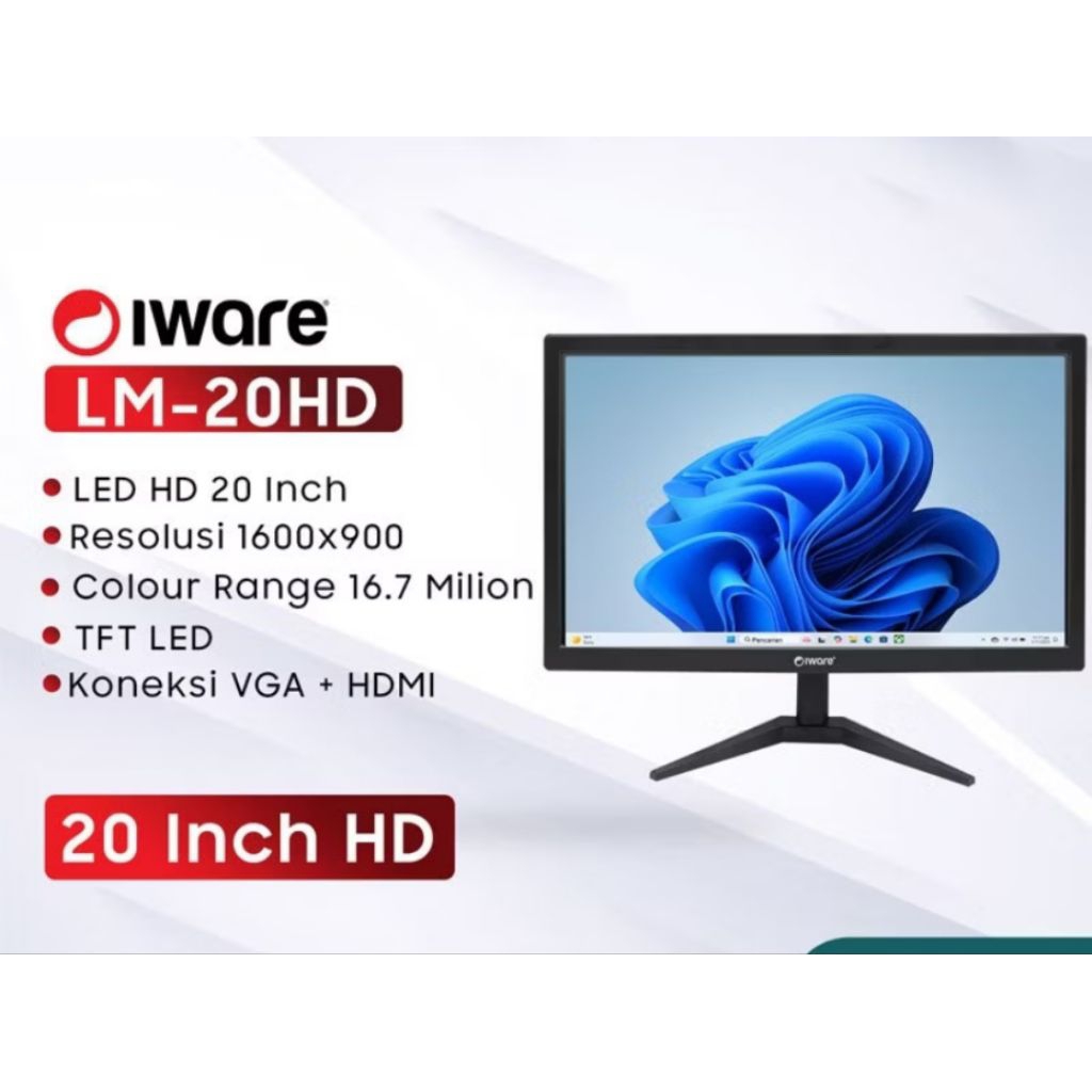 Monitor LED IWARE 19 Inch Wide HDMI VGA HD Layar Jernih Untuk PC Office CCTV Kasir Gaming Kondisi Ba