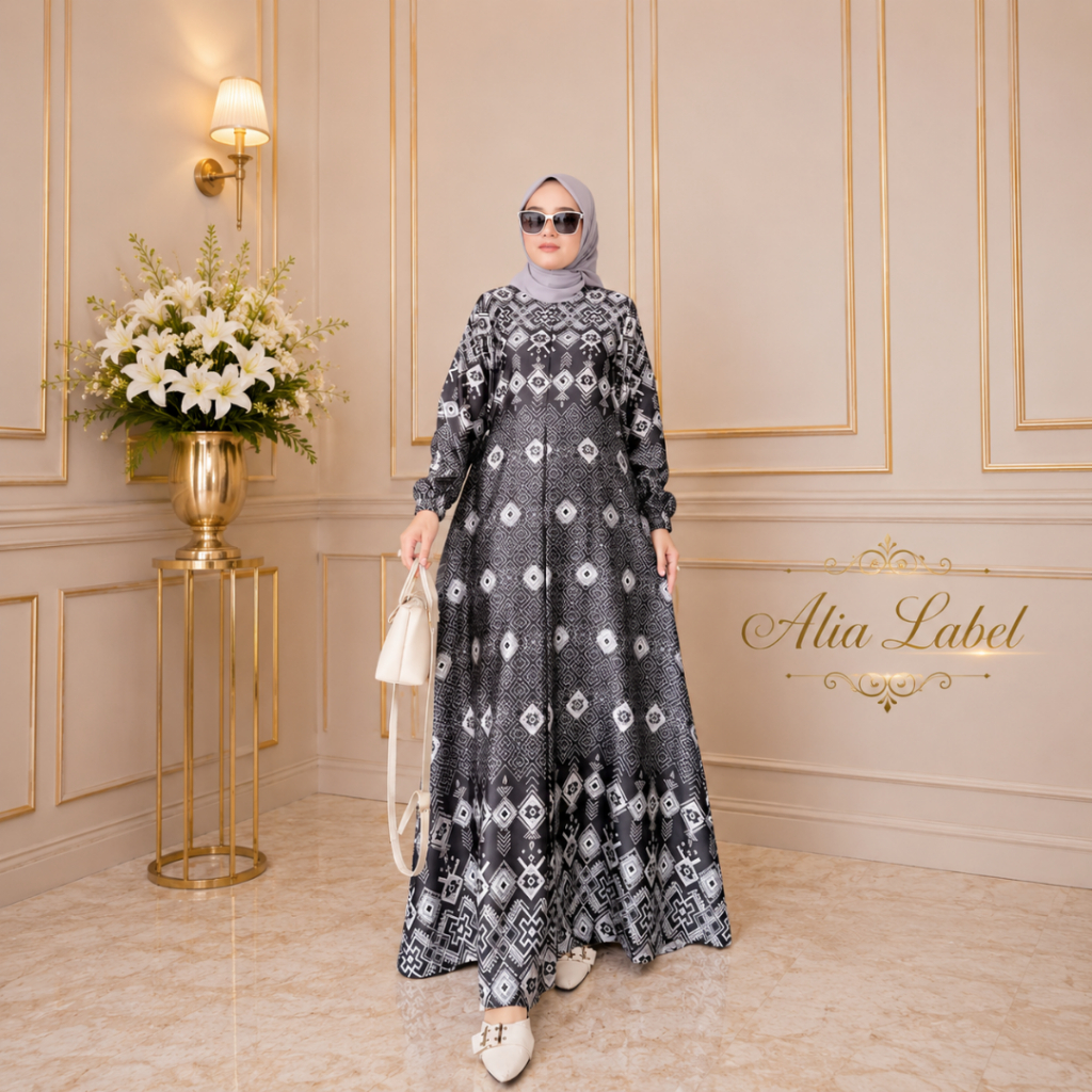 COD Gamis Mewah Silk Premium Motif Printing Bunsui Jumbo Terbaru Gamis Silky Butik Pesta Real Peacth