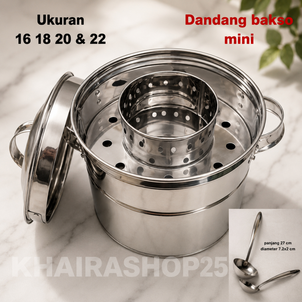 Dandang bakso mini diameter 16 18 20 dan 22 cm stainless, centong dan penjepit makanan
