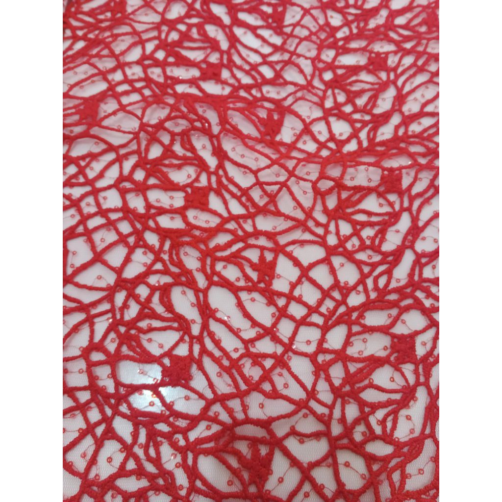 Kain Brokat Tile Spider Payet Premium METERAN - Bahan Kebaya Modis Gaun Pesta Merah