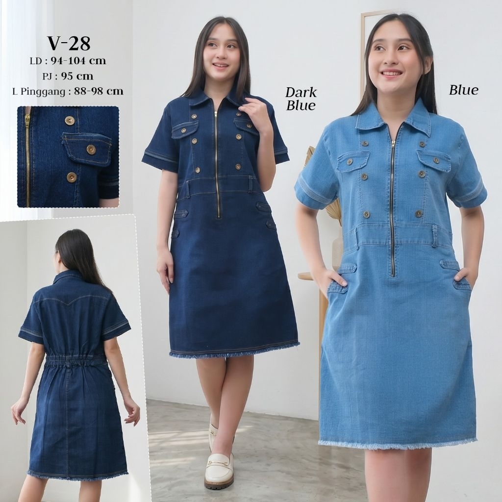 Dress Jeans Strech Wanita Premium Depan Resleting Kancing Variasi V-28