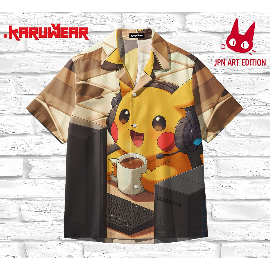 KARUWEAR Kemeja Pria Abstract Gamer Coffee - Kemeja Lengan Pendek Premium Motif Anime Pikachu Gaming