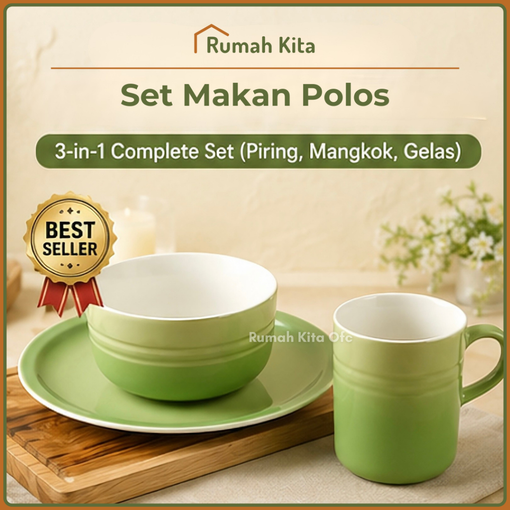 [COD] RUMAHKITA Hampers Set 3in1 Piring Cangkir Gelas Mug Mangkok Polos Hijau Estetik  Bahan Keramik