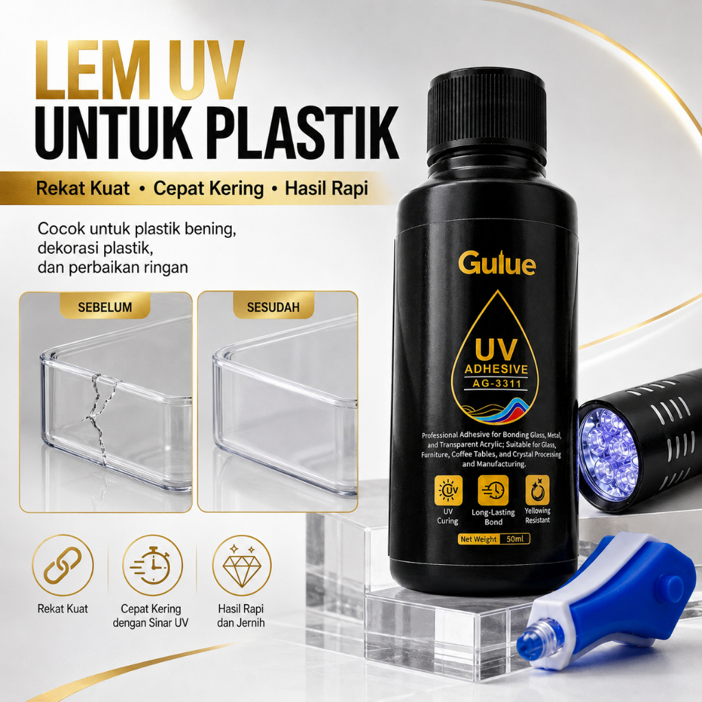 Lem UV Plastik + Senter UV, Solusi barang Plastik pecah. Transparan, Kuat dan tahan lama, Tanpa beka
