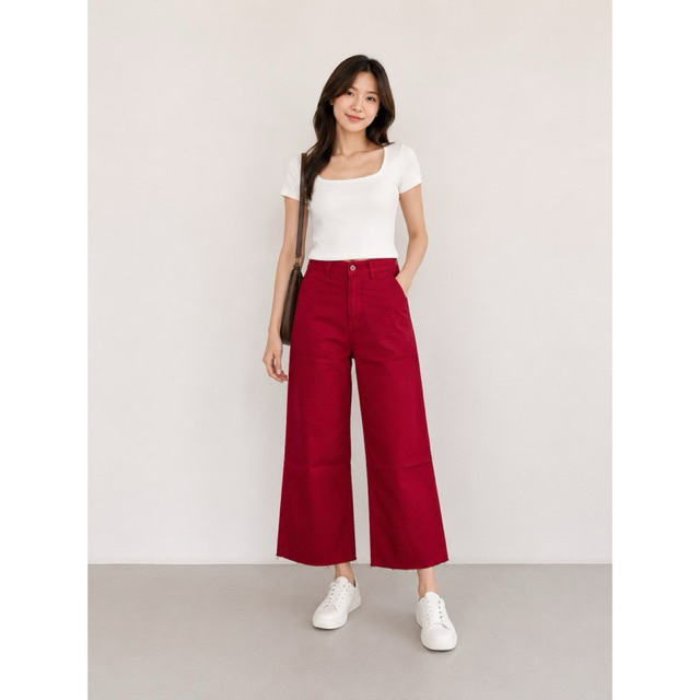 Celana Kulot Unfinish Wanita Warna Merah Stretch & Lembut