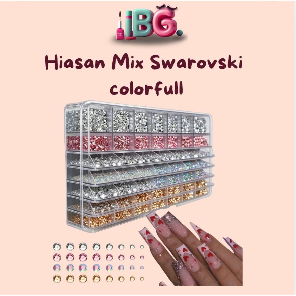 Hiasan kuku swarovski mix Color Full warna Hiasan berlian permata swarovski Swarovski kuku nail art 3D mix warna box besar