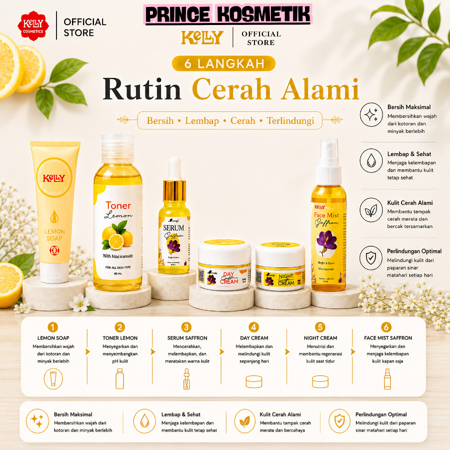 Paket Skincare Kelly Lemon & Saffron Original – Cerahkan Wajah Glowing Alami 6 Step