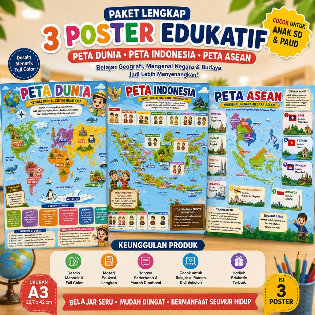 POSTER EDUKATIF PETA DUNIA, PETA INDONESIA & PETA ASEAN