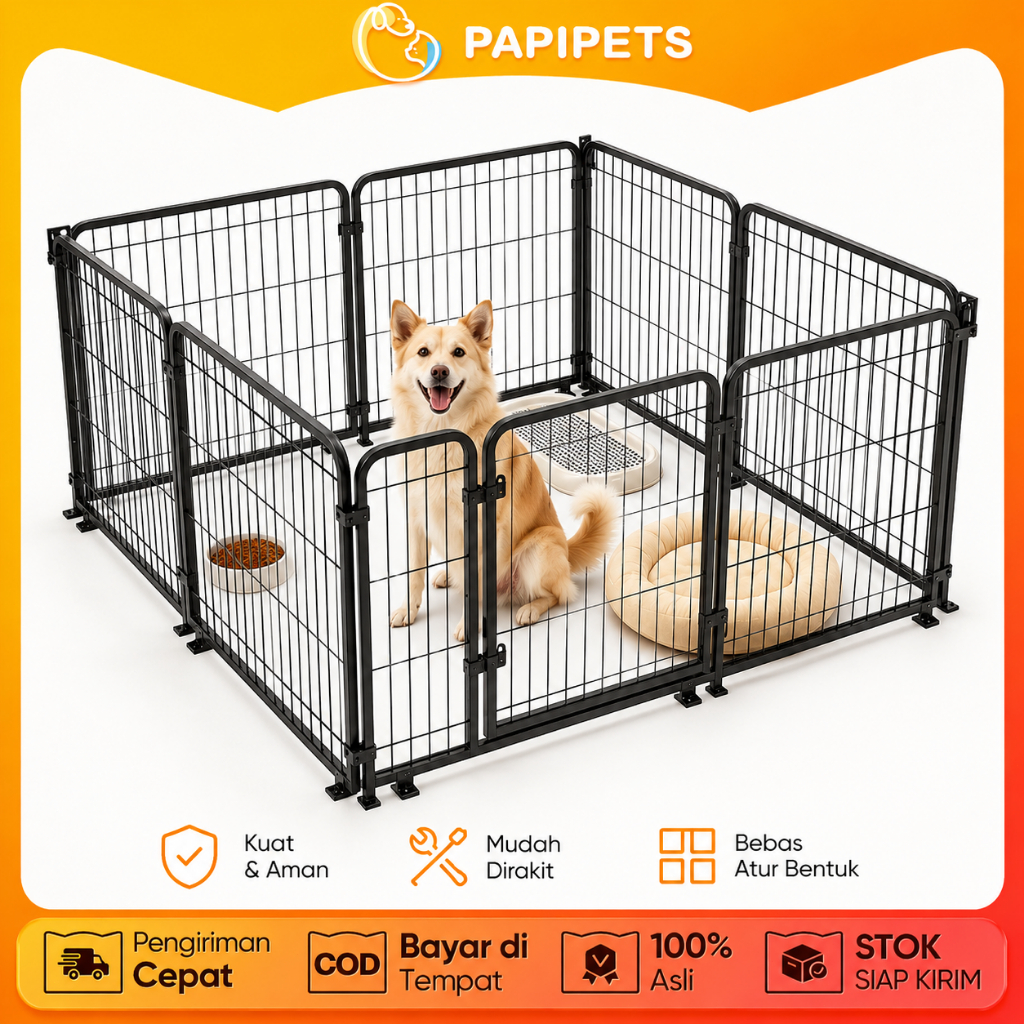 PAPIPETS Pagar Hewan Peliharaan Besi Serbaguna Pagar Anjing Indoor Outdoor Pembatas Aman Mudah Dipas