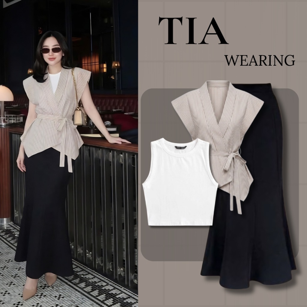 One Set Tia 3in1 OOTD Kekinian Non Hijab - Setelan Kekinian Crop Tanktop – Top Salur Vest – Rok Duyu