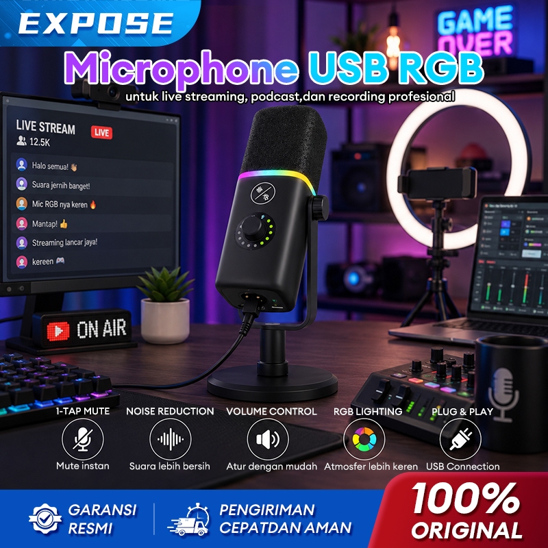 Microphone Condenser USB Type-C Mikrofon with RGB Light Untuk PC Laptop Live Streaming Gaming Record