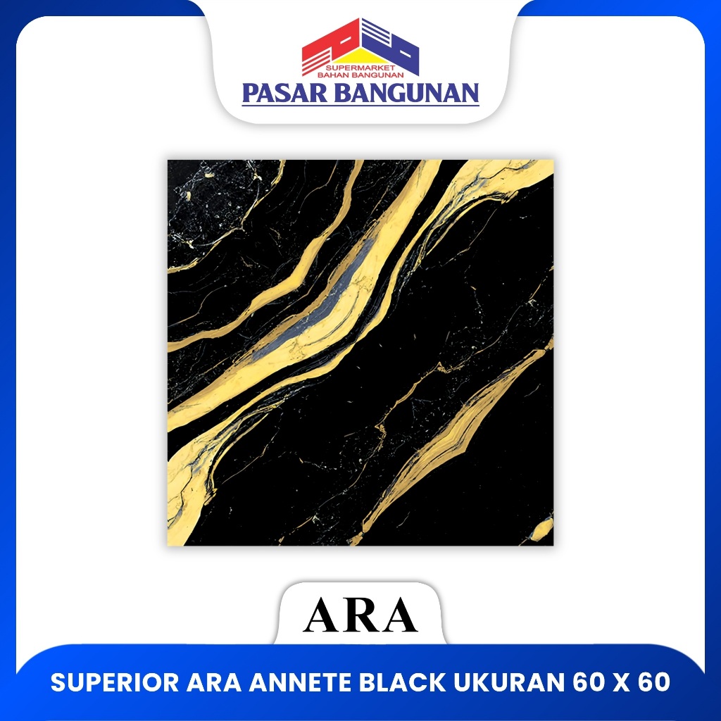 Granit Superior Ara Annette Black 60x60 Grade A Glass Polished | Granit Motif Marble Hitam dengan Gu