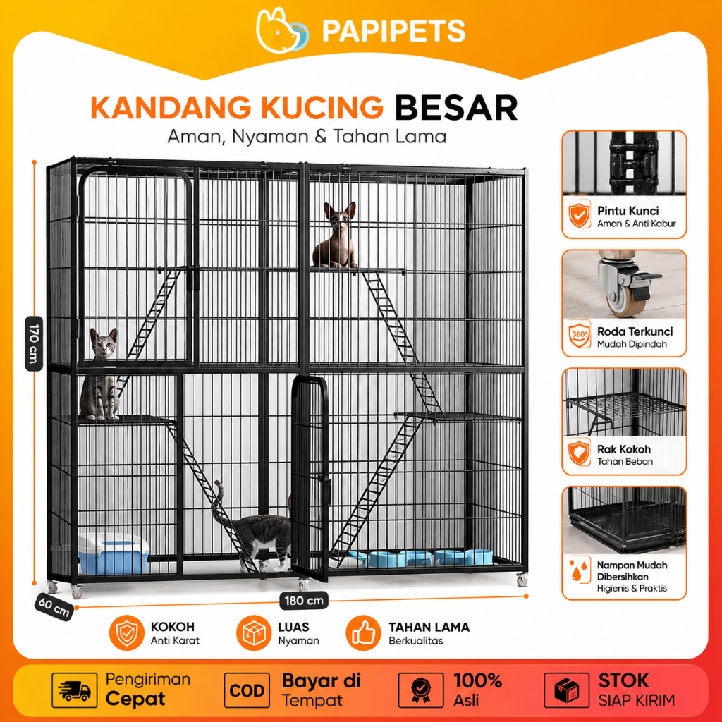 PAPIPET Kandang Kucing Besar Kandang Hewan Kokoh Murah untuk Kucing Besar kandang kucing murah jumbo