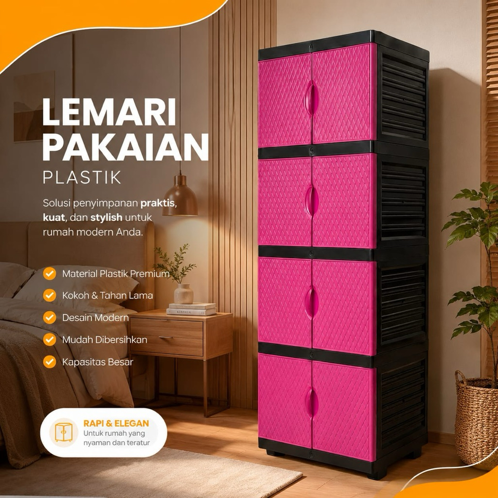 LEMARI PLASTIK 4 SUSUN LEMARI PAKAIAN RAK BAJU RAK SUSUN BAHAN TEBAL KOKOH