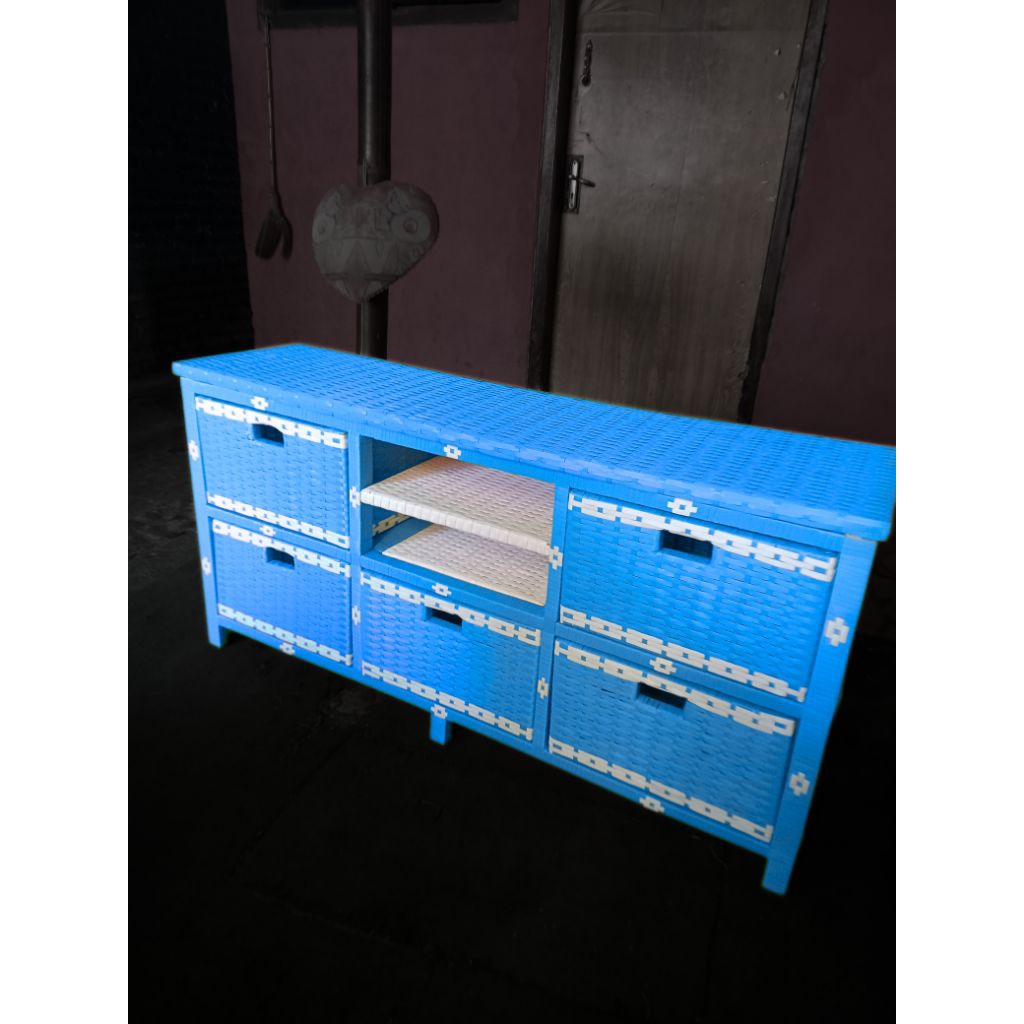 (Ready Stok) Lemari Rotan Sintetis 6 Laci//meja TV lemari laci rotan sintetis//Meja TV Rotan Model L