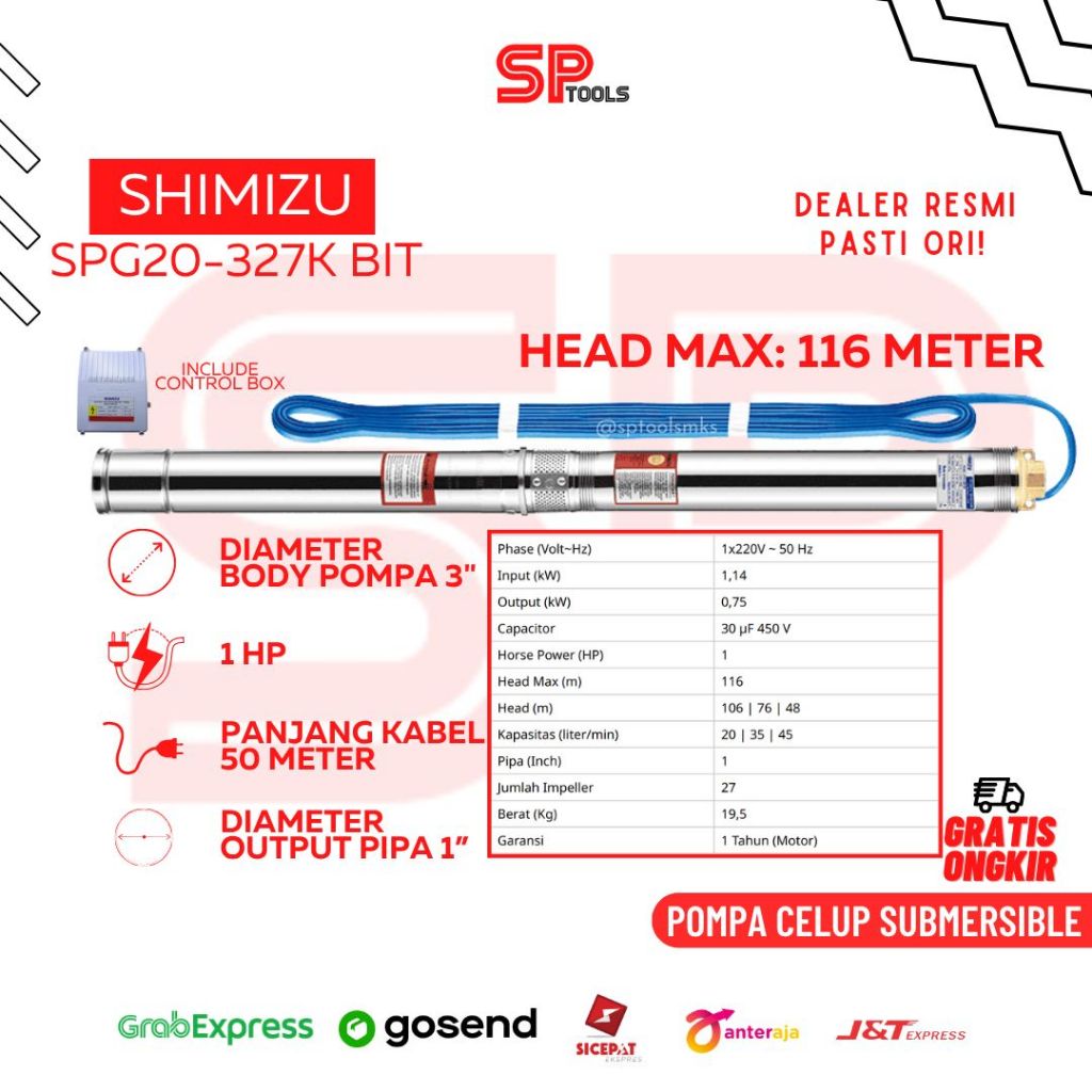 POMPA CELUP SUBMERSIBLE / POMPA SATELIT BAMBU SUMUR DALAM MAX 116 METER BODY 3" 1HP + KABEL 50 METER