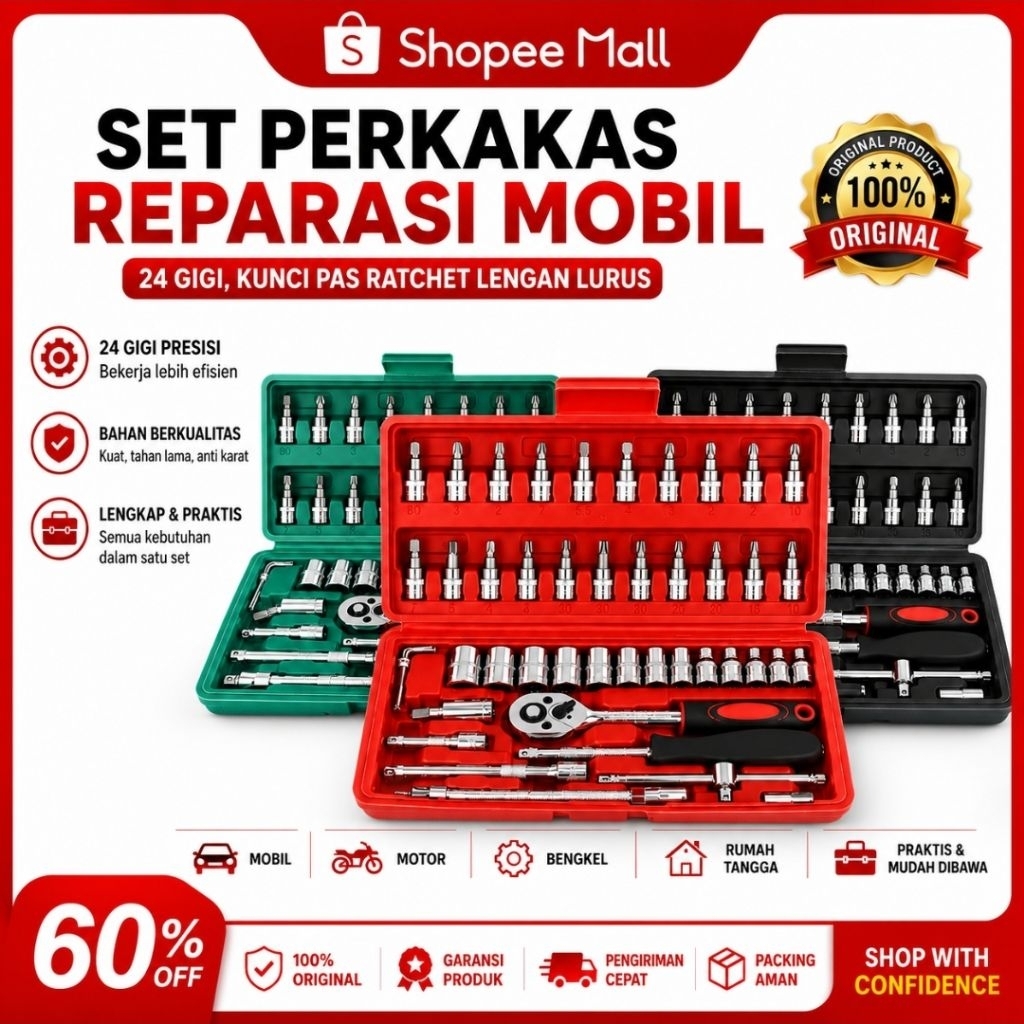 [COD] Set Kunci Socket 46 PCS Full Set (1/4") Pas Ring L Motor Kunci CR-V Lengkap Gratis Ongkir untu