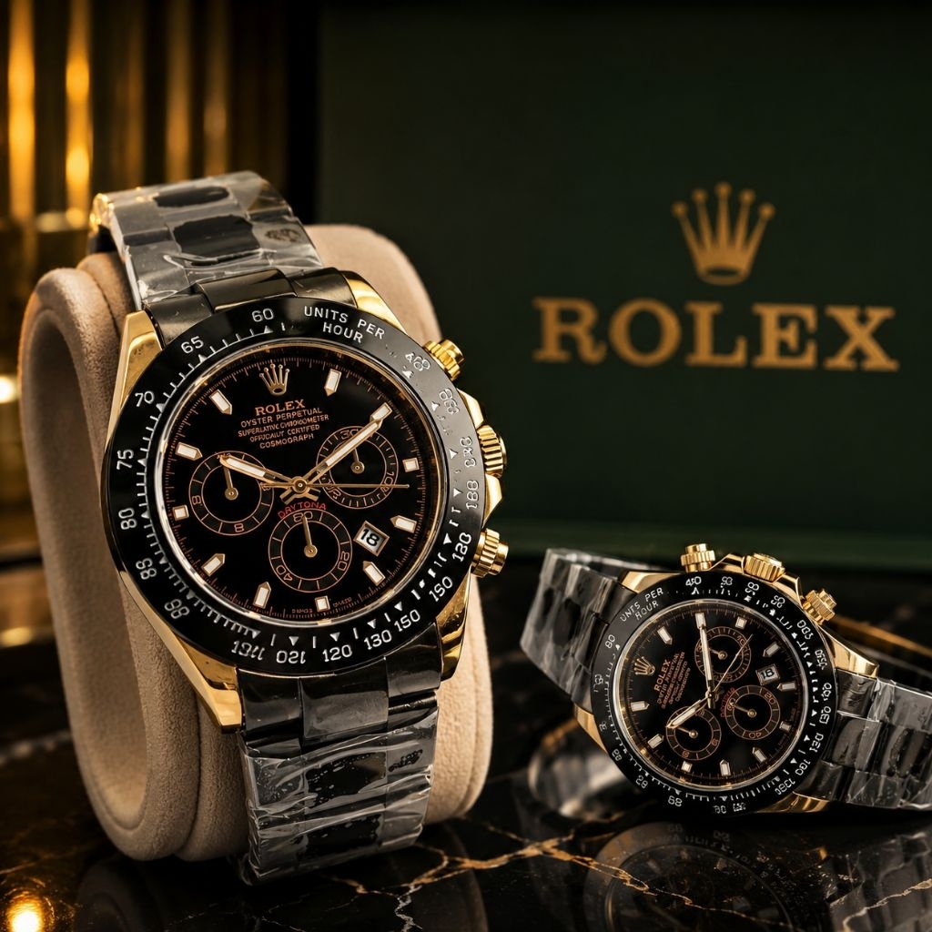 Jam Tangan Pria Rolex Daytona Premium Hitam Rose Gold 4,2 CM Stainless Steel Luxury Edition