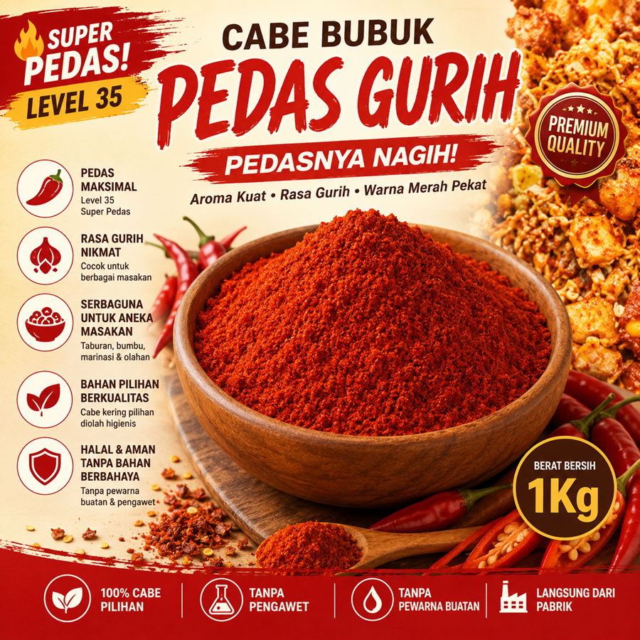 Cabe Bubuk Pedas Gurih Level 35 1Kg Bubuk Cabe Pedas Gurih Level 35 Makanan Kiloan Chilli Powder 1 K