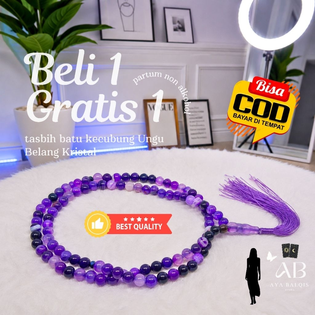 Tasbih Kecubung Ungu Belang Kristal 8mm - 99 Butir Batu Alam Asli Premium