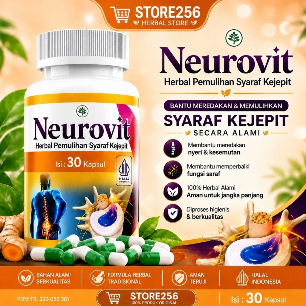 NEUROVIT - Herbal Alami Untuk Saraf Kejepit Kebas Original HNP | Herbal Pereda Nyeri Saraf, Asam Ura