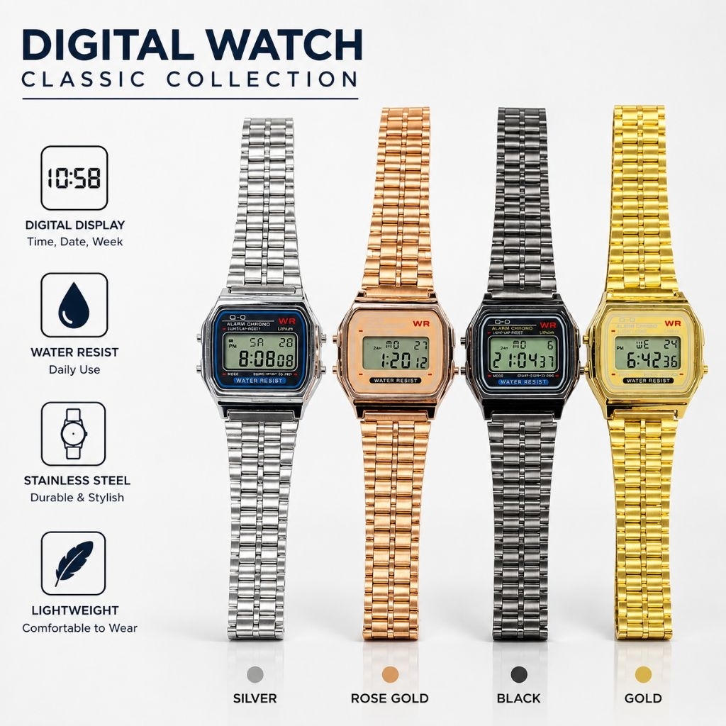 Jam Tangan Pria wanita Unisex Digital Rantai Kotak Classic Collection
