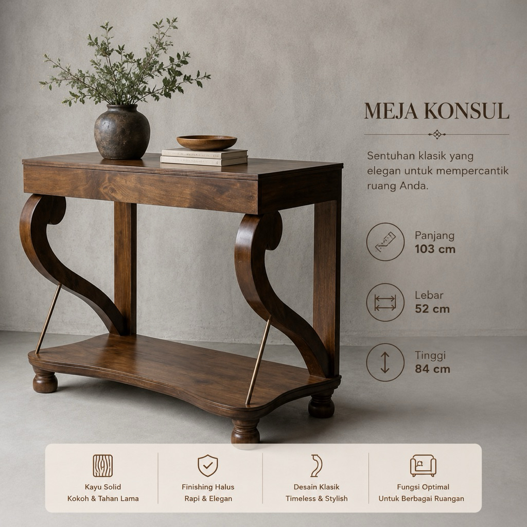 Meja Konsul Vintage Classic 1940s–1950s Kayu Solid 103 cm | Console Table Art Deco Elegant