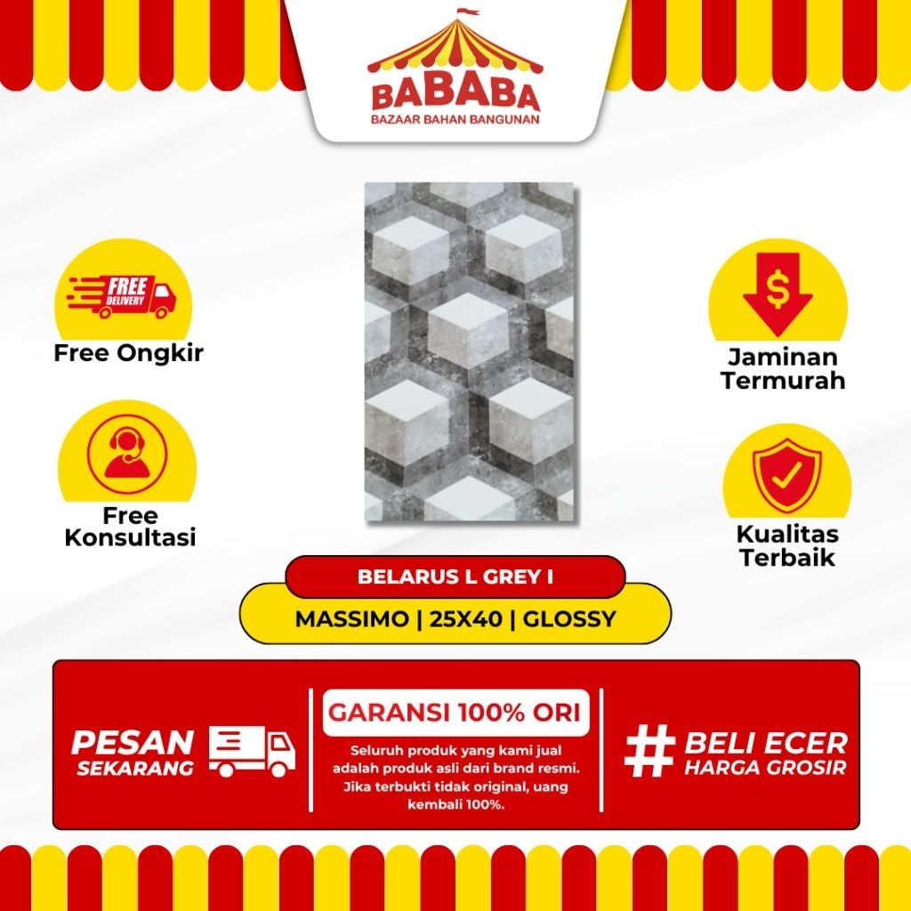 Keramik Dinding Ukuran 25x40 Massimo Belarus L Grey Glossy Kilap Motif Hexagon Rata Keramik Dinding 