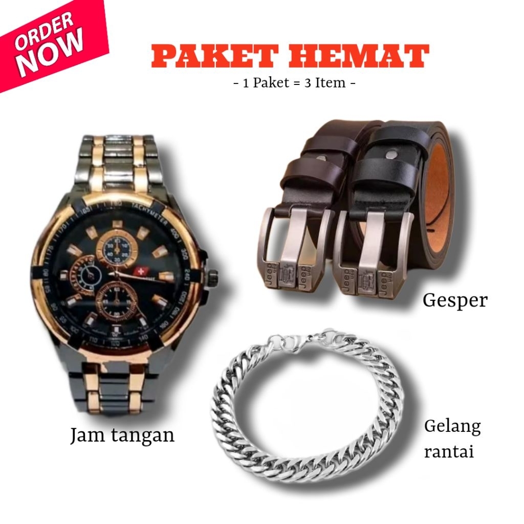 BEST SELLER... Jam tangan pria kekinian tali rantai bonus gesper Jeep & gelang rantai keren