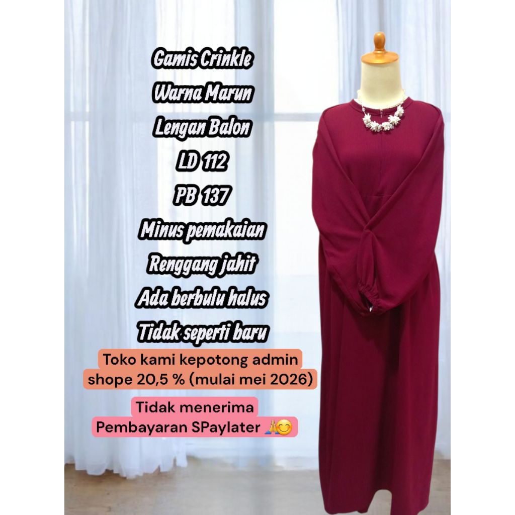 PL Gamis Crinkle Lengan Balon Warna Marun