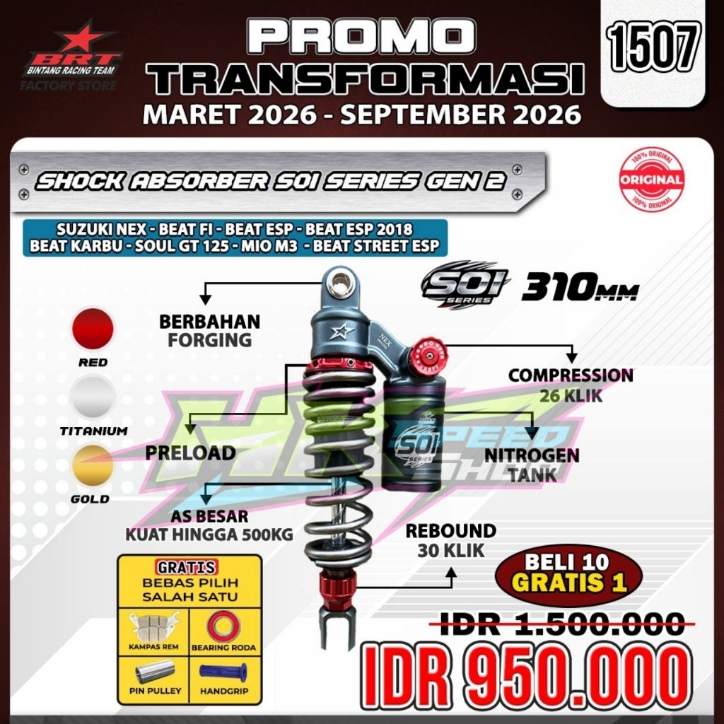 SHOCKBREAKER BRT SHOCK SKOK ABSORBER SOI BRT BELAKANG GEN 2 BRT 310MM BEAT FI / BEAT ESP / BEAT STRE