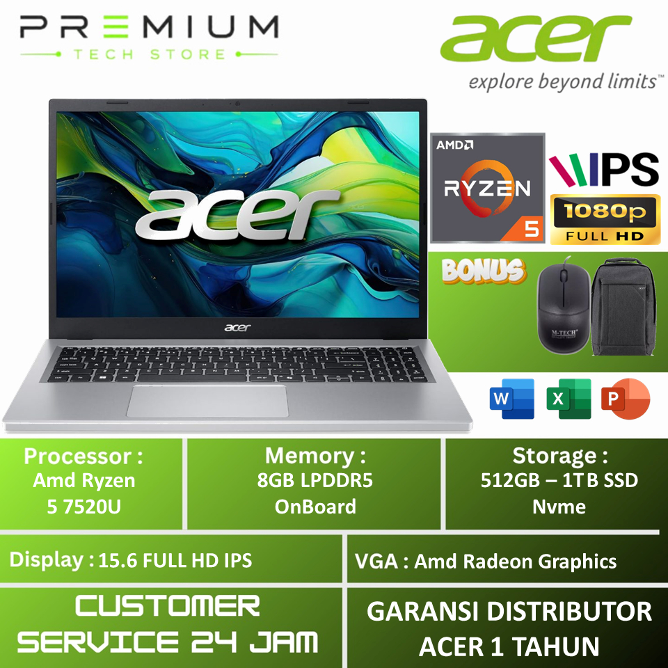 Laptop Acer Aspire Go 15 Ryzen 5 7520U RAM 8GB SSD 2TB 15.6" Full HD IPS Windows 11 Original