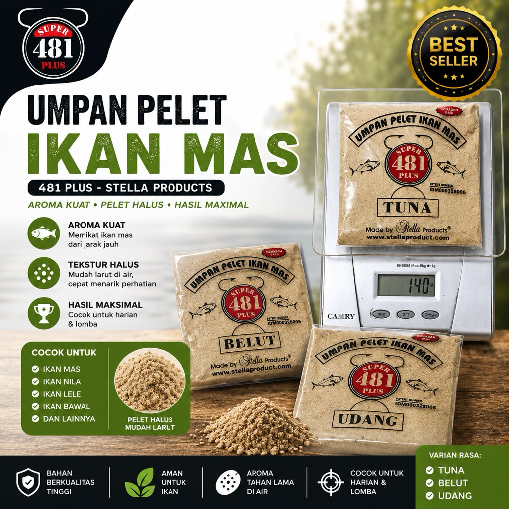 Umpan pelet ikan mas super 481 plus udang, tuna, belut