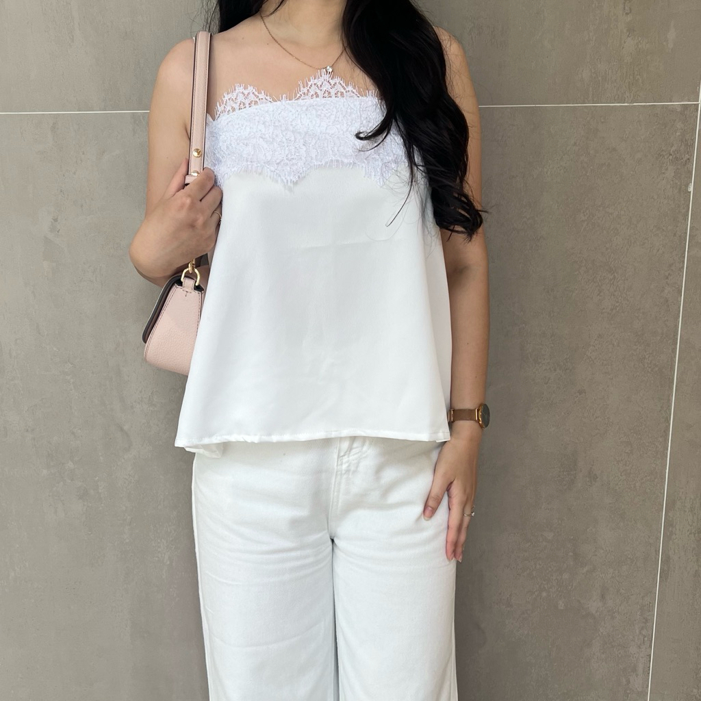 NEW ARRIVAL Lucy Korean Coquette Lace Satin Tanktop Atasan Lace Satin Renda Top Black White Tanktop 