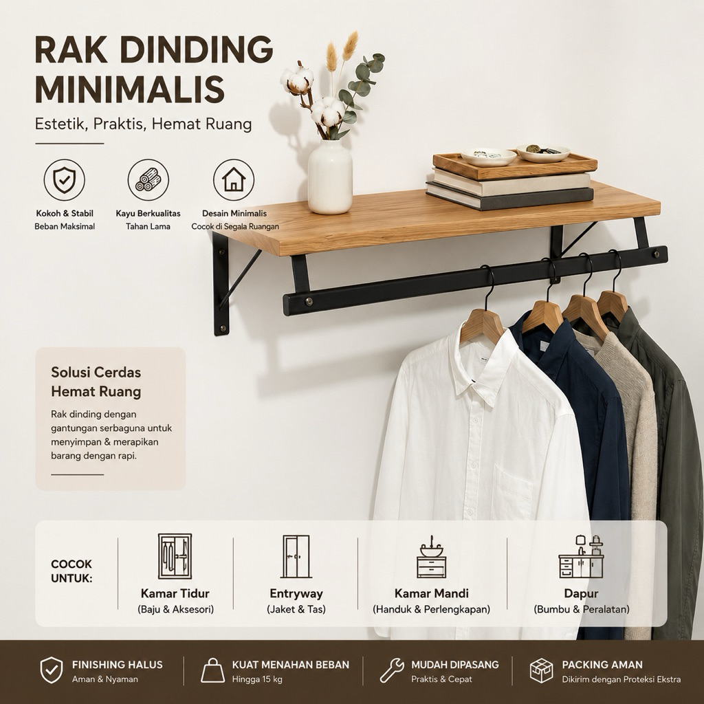 Rak Dinding Minimalis Besi Kayu – Rak Gantung Baju Estetik
