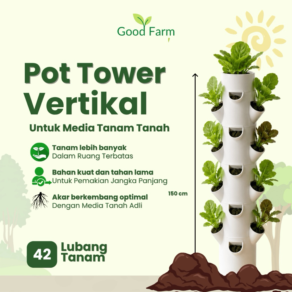 GoodFarm - GROWING POT TOWER 42 LUBANG TANAM 1,5 meter Vertikal vertikultur, pot tanaman pot hidropo